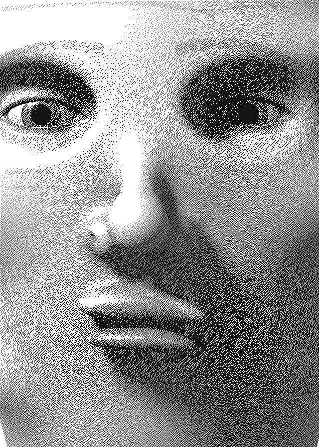 Close-up dithered portrait of Pickleball Pearl